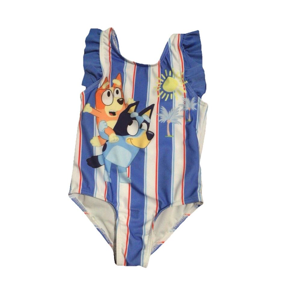 Bluey and Bingo Toddler Bathing Suit One Piece Blue White Stripes Ruffles 18 NWT